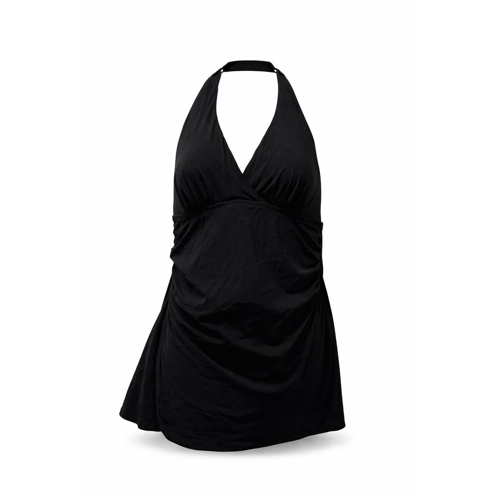 L.L.Bean Black Halter Tankini Swim Dress Size 14 Tummy Control One Piece Swimwea